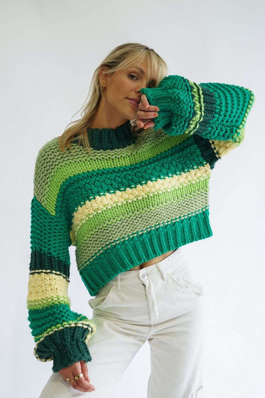 YLLW The Label Soho Chunky Sweater Green Striped NWT Oversized Knit Women's XSP